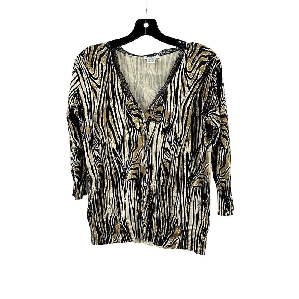 Gabriella Rossi Women's Animal Print Button Lace V Neck Knit Shirt Top Size S